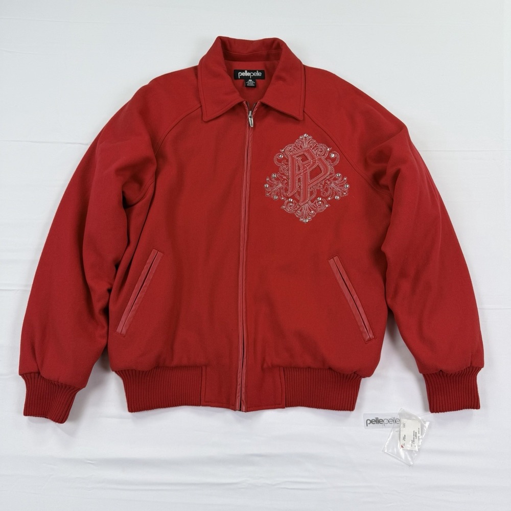 Pelle Pelle Wool Bomber Jacket Men's L Red Rhinestone Embroidered Hip Hop Y2K